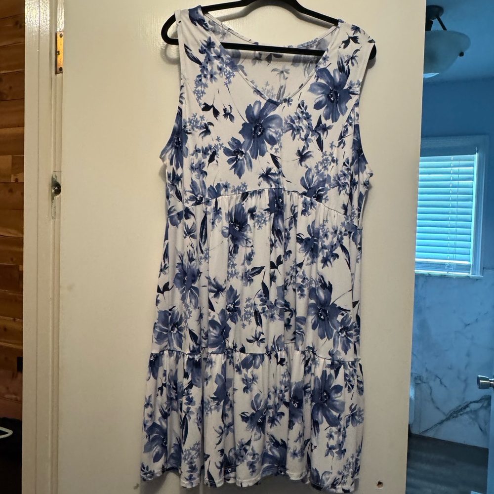 Floral Blue and White Sleeveless Dress